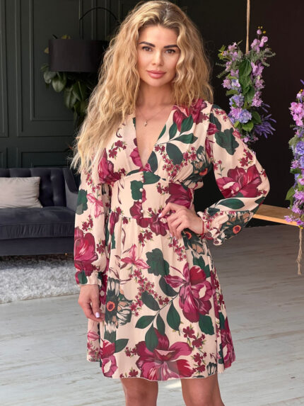 Lengva gėlėta nude suknelė – VIP Dress Lengva gėlėta nude suknelė